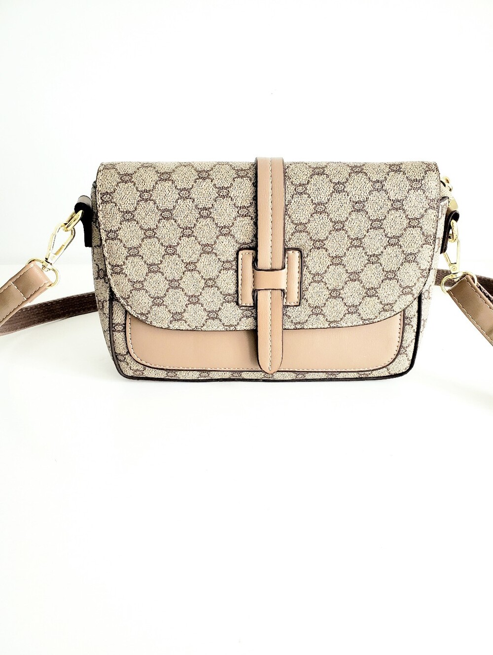 Monogram Print Crossbody Bag in Beige-Tan